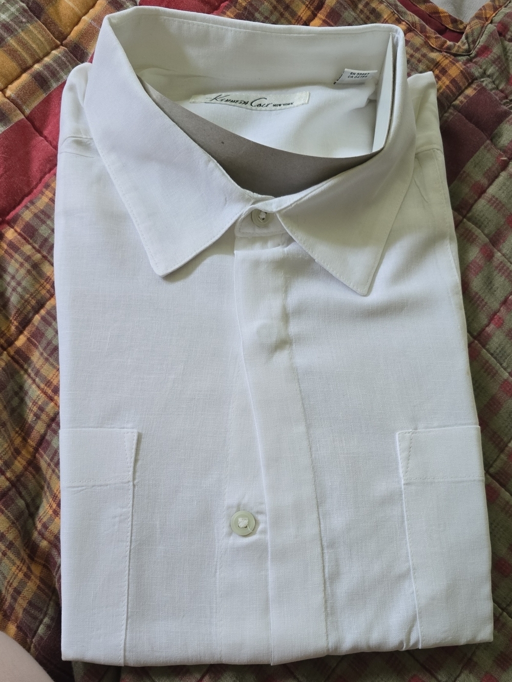 Vintage Kenneth Cole White Linen Blend Men's Short Sleeve Dress Shirt